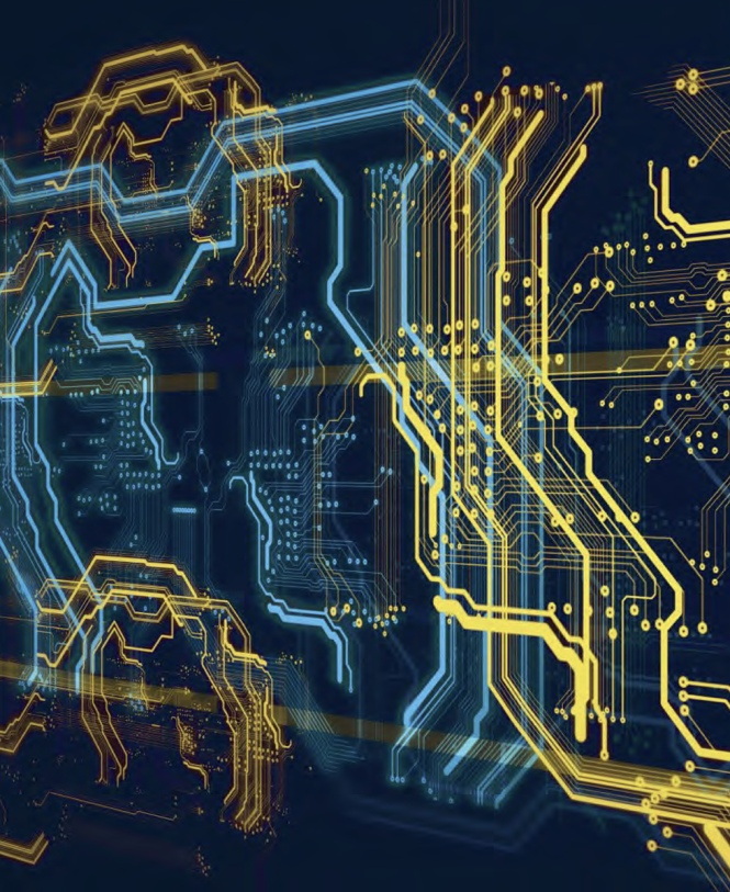 artistic representation of a computer chip with yellow and blue lines connected to nodes